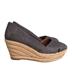 Tory Burch Filipa Linen Wedge Espadrille Sandals in Pewter - Size 6.5